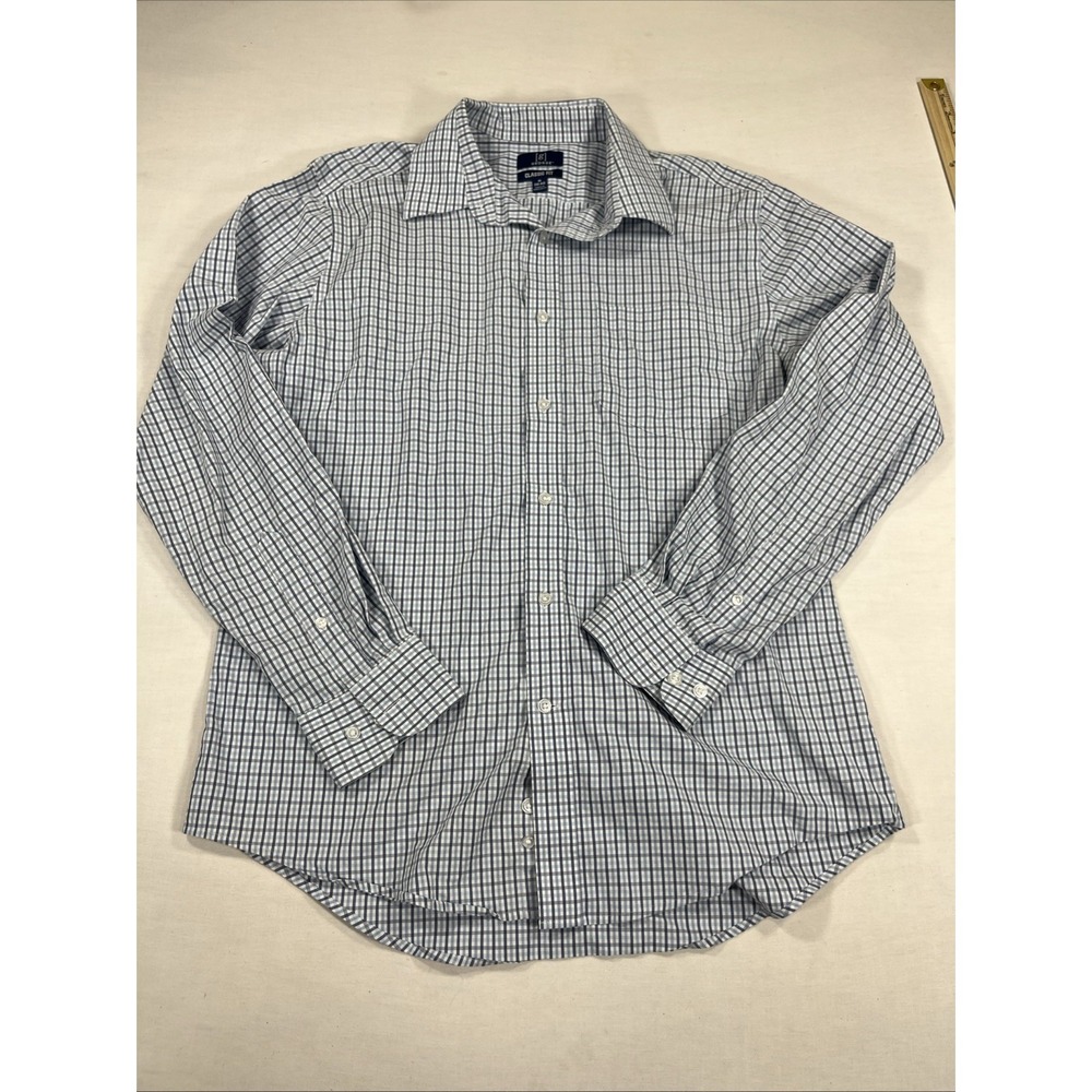 George Men's Medium Blue Check Dress Shirt‎ Classic Fit Button Up Casual